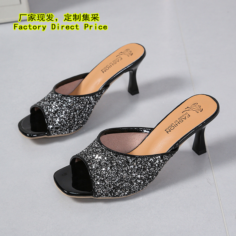 Foreign Trade European and American Style Sequined Stiletto Mules for Women, Fashion High-Heeled Shoes, Summer Outdoor Sandals, High Heels