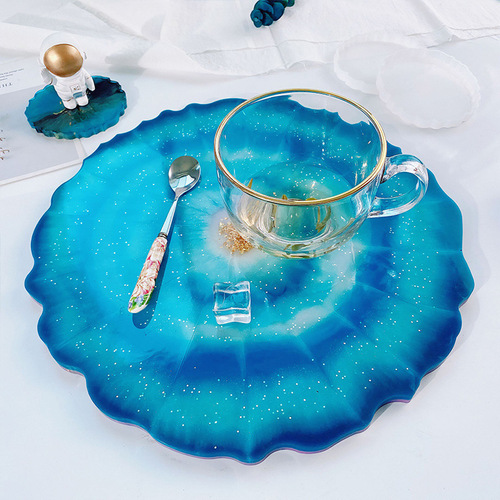 New DIY large round fruit plate coaster glue mold metal handle special-shaped tray coaster silicone mold