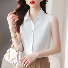 女性のためのハイエンドの白いシャツ 2025 春夏の新しい多用途のプロフェッショナルシャツ、ラペル付きノースリーブベストボトリングシャツ