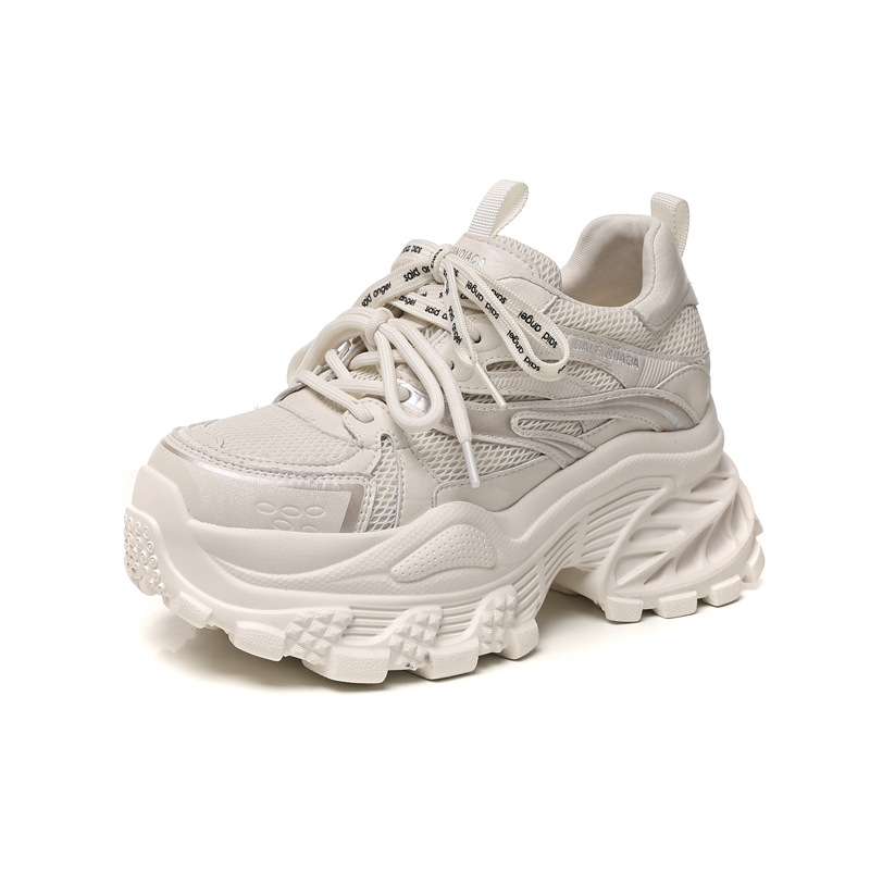 Giày sneaker nữ đế dày chunky lưới thoáng khí tăng chiều cao — màu be