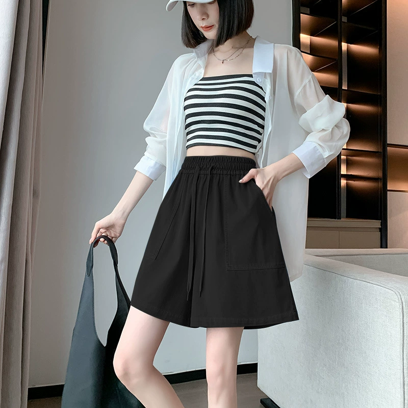 Denim sports shorts, thin trousers, plus size, high waist, drawstring, loose fit