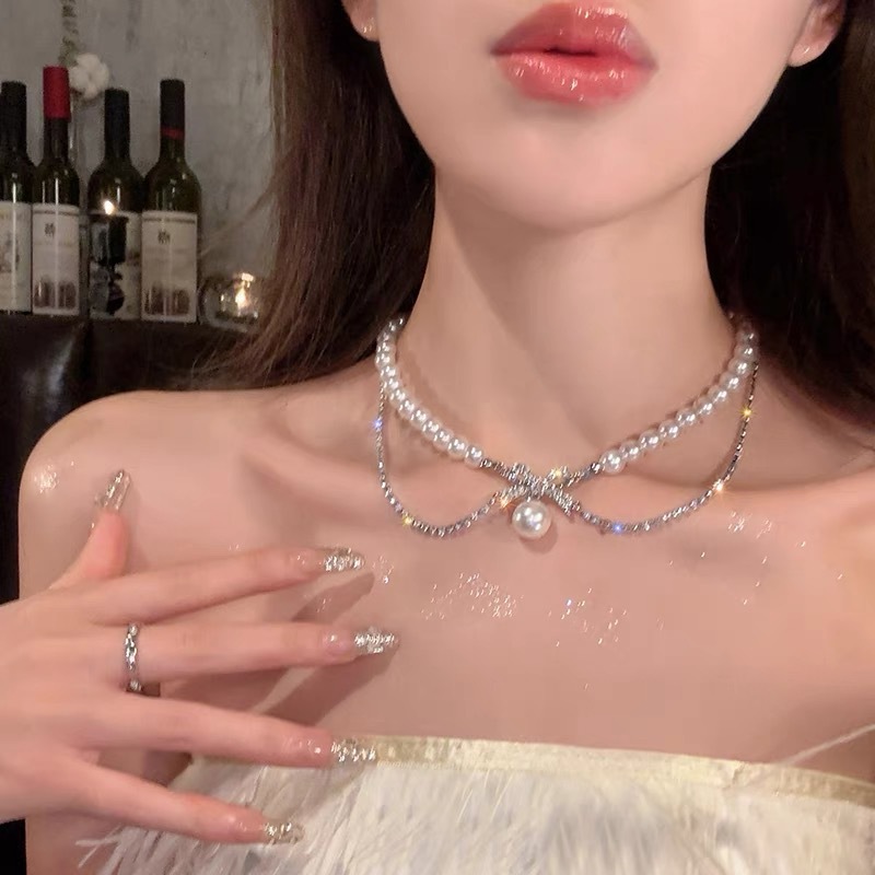 浪漫出逃~雙層蝴蝶結珍珠項鍊女款輕奢小眾優雅貴氣鎖骨鏈頸鏈潮