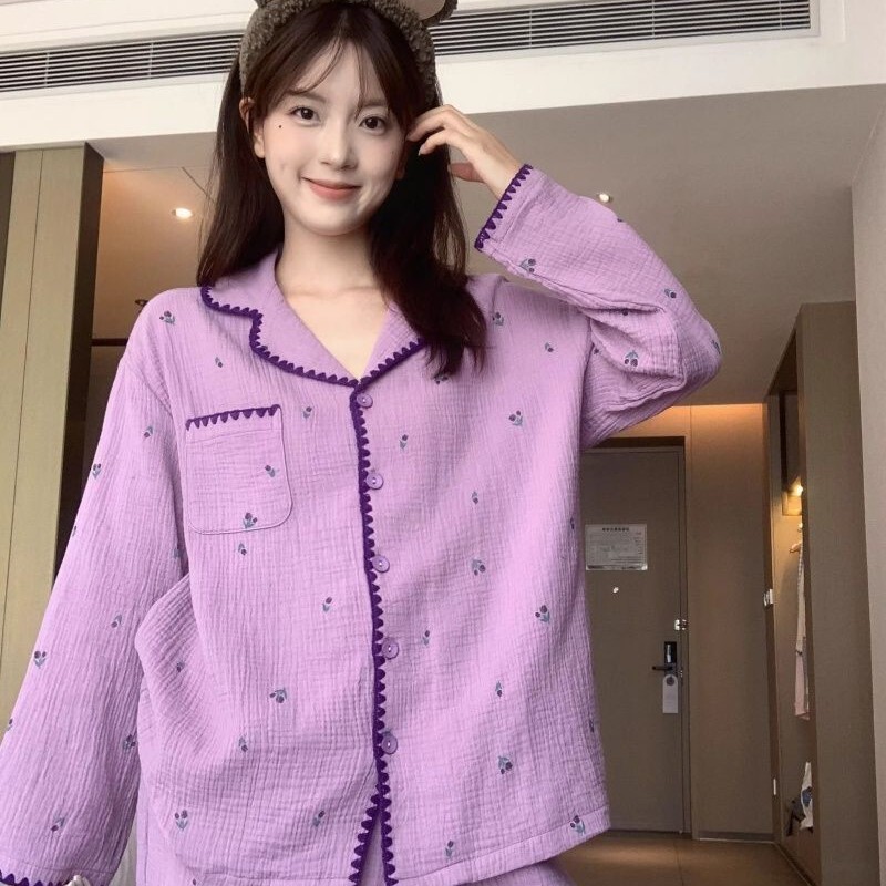 【Shengbei Cross-Border Selection】Vintage Purple Floral Internet Celebrity Style 2023 Spring Women's New Pajamas Homewear