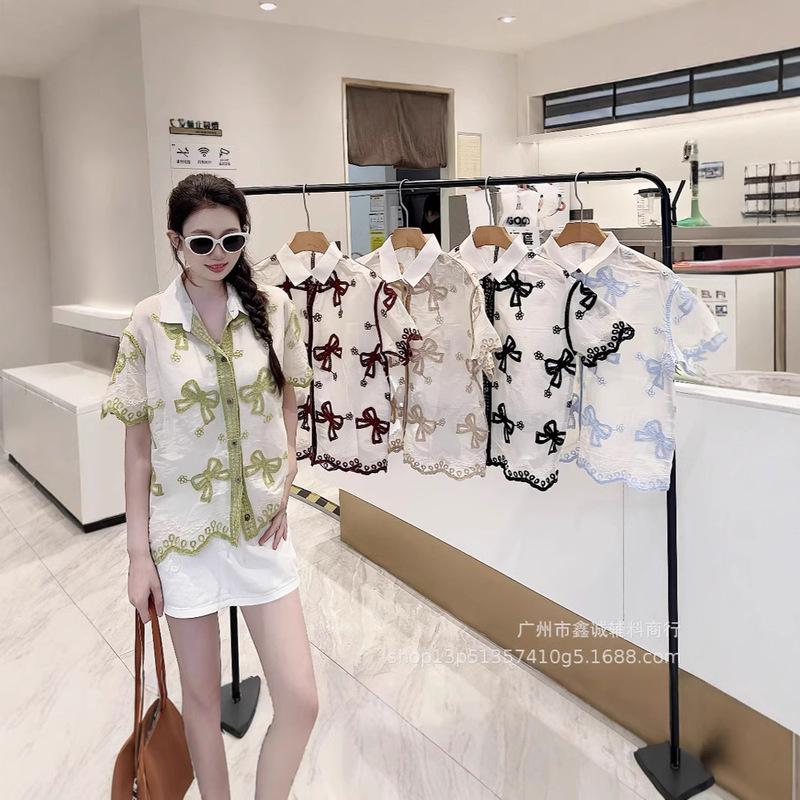 Korean Style Fresh Casual Lace Heavy Hollow Crochet Shirt for Women Spring Niche Versatile Turn-Down Collar Short Sleeve Top Trendy