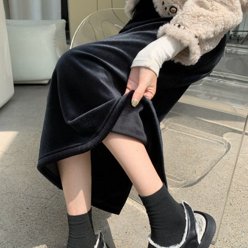 2025新款雪尼尔加绒半身裙女秋冬高腰裙垂感直筒开叉中长款a字裙|undefined