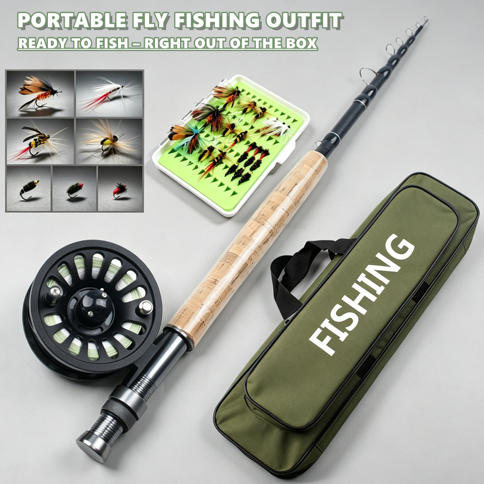 Fly fishing set includes size 5/6 fly fishing rod, fly fishing reel, line, and fly hook combination, suitable for cross-border fly fishing supplies