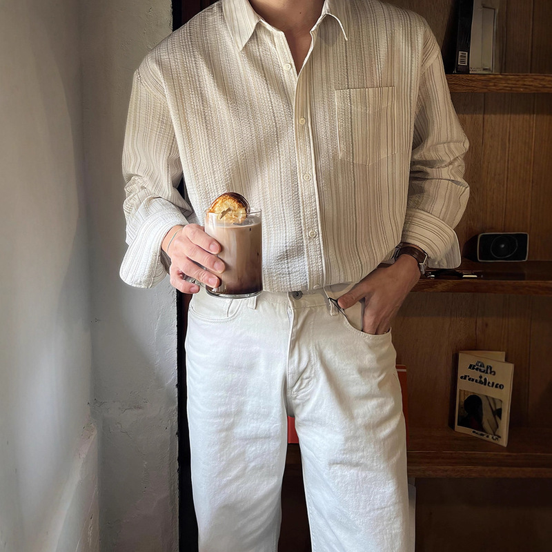 Striped Long-Sleeved Shirt for Men Spring and Summer Korean Style High-Quality Textured Niche Design Casual No-Iron Draped Shirt