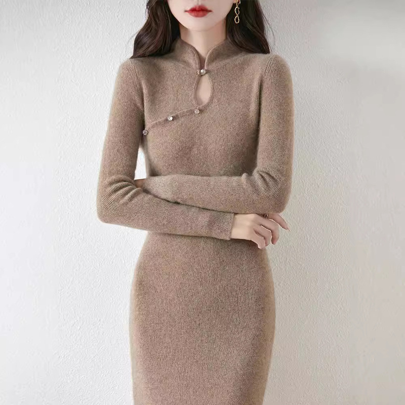 New Chinese-style Pure Wool dress Slim-fit Slim-fit Base Dress Matching Overcoat Over-knee Mid-length Knitted Cheongsam Dress