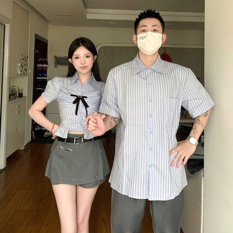 2023 여름 퍼프 소매 반팔 대학 스타일 셔츠 디자인 활 최고 여성 여름 스파이스 소녀 커플 원피스
