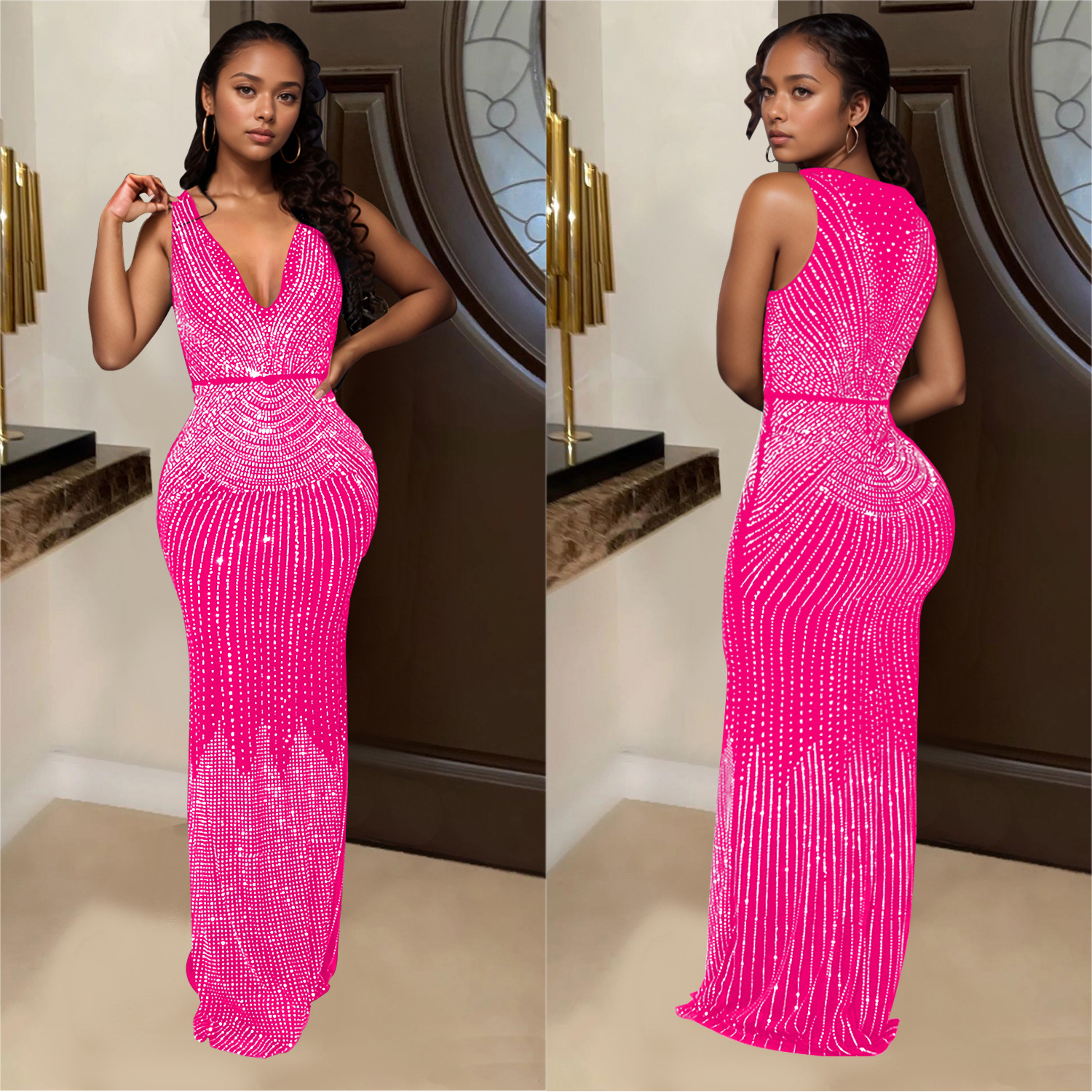 C7072 Aliexpress transfronterizo Amazon estación independiente de moda europea y americana ropa de mujer de diamante caliente sin mangas vestido de manga larga nuevo