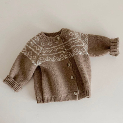 2025 Korean Version Instagram Baby and Toddler Apparel Sweater Jacket Spring and Autumn Forest System Retro Pattern Crew Neck Casual Knit Top