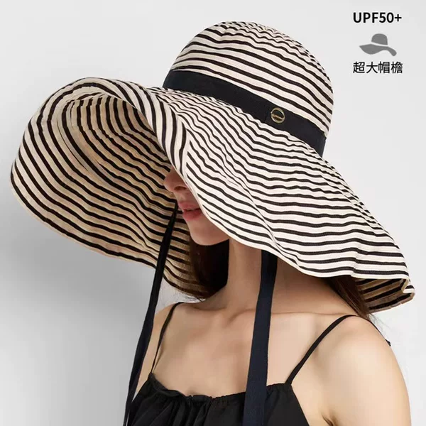 Foldable Oversized Brim Striped Fisherman Hat for Women, New Long Sun Protection Hat, Fashionable Bucket Hat, Large Head Circumference Sun Hat