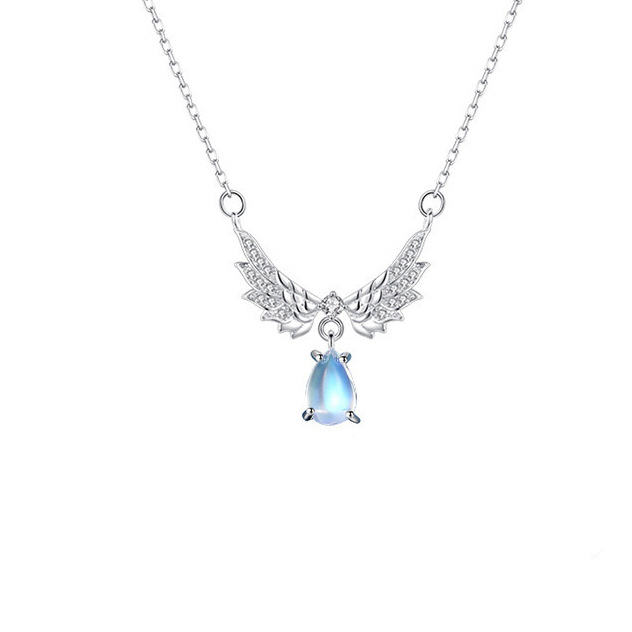 Collana con ali d'angelo in argento sterling per donna, lusso versatile, ali piccole e uniche, ciondolo in pietra al chiaro di luna_voghion.com