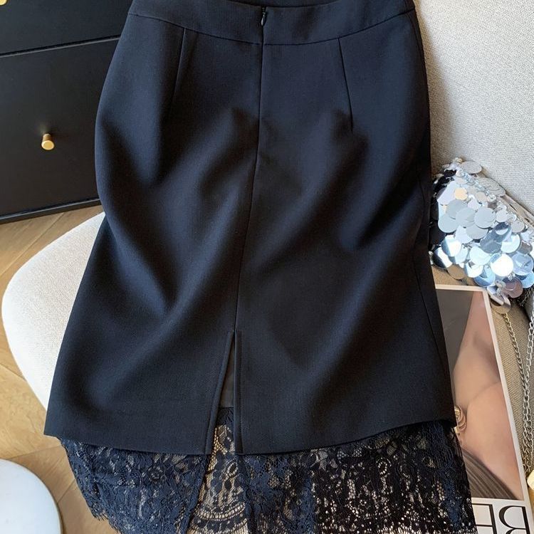 法式轻奢蕾丝拼接半身裙女2025夏季新款职场白领直筒一步包臀裙|undefined