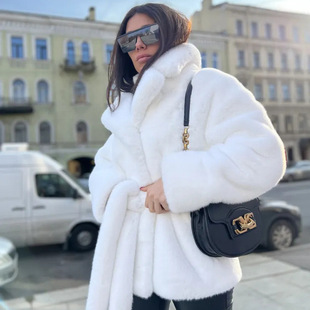 2024wish European and American style fur coat imitation rabbit fur lapel fur coat thickened warm coat with belt for women
