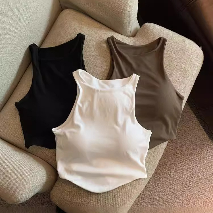 Cross-border American-style Summer Sweet Hot Girl Short Sleeveless Vest with Chest Pad Sexy Beautiful Back Navel Top for Women