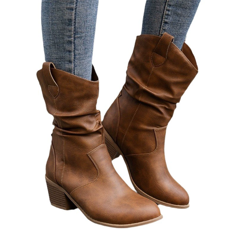 Трансграничные экспортные женские ботинки большого размера 2024, новые короткие ботинки на толстом каблуке и среднем каблуке, плиссированные ботинки до середины икры на высоком каблуке с круглым носком и ворсом