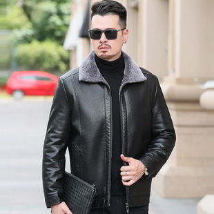 Winter Haining fleece-lined Thickened Genuine Leather Men's Sheepskin Flip Collar Leather Jacket Fur One Middle-aged Jacket