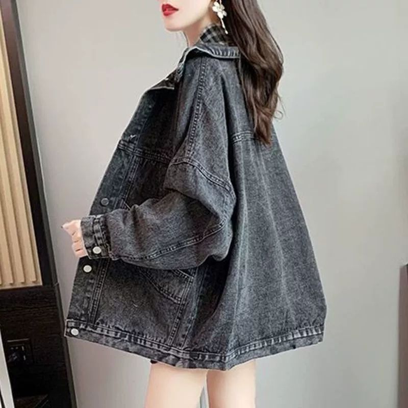 Smoke Gray Denim Jacket for Female Students Korean Style Loose Plus Size Women's Jacket Popular High-End Denim Clothing Top