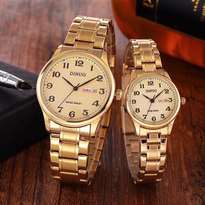 谛诺DINUO_A8015男女对表中老年人防水简约大气不锈钢带 大数字