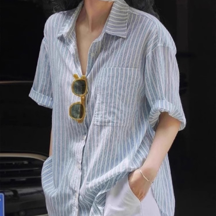 Blue and White Striped Cotton and Linen Short-Sleeved Shirt for Women in Summer Japanese Style Lazy and Relaxed Linen Sun Protection Breathable Top Blue and White Striped Cotton and Linen Short-Sleeved Shirt for Women in Summer Japanese Style Lazy and Relaxed Linen Sun Protection Breathable Top