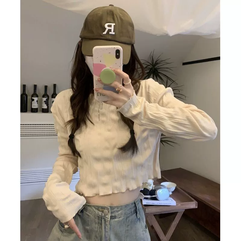 Новая футболка с длинными рукавами, женская короткая приталенная рубашка ранней осени, горячая девушка, дизайнерская ниша, Уникальный Шикарный маленький Топ