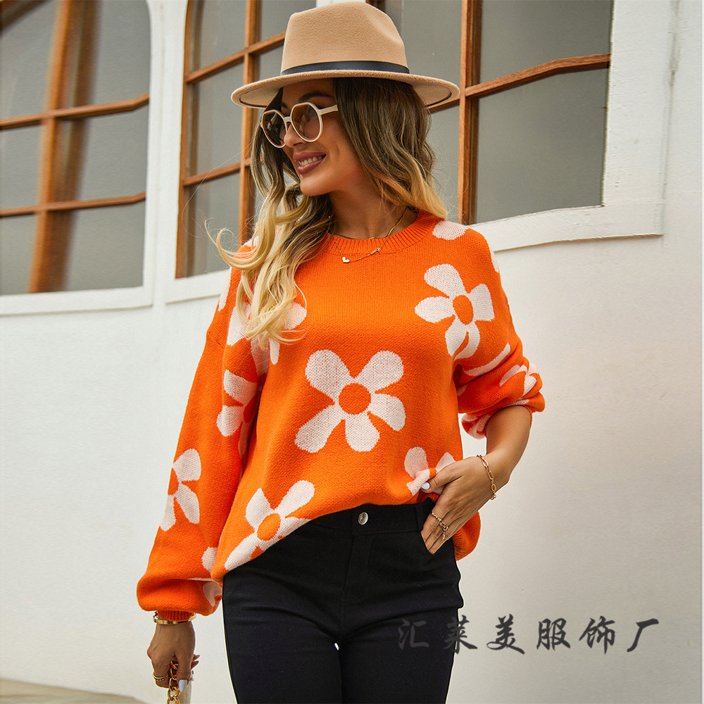 2023 otoño e invierno nuevo transfronterizo suéter impreso de las mujeres Comercio exterior Amazon popular suéter flor más el tamaño para las mujeres