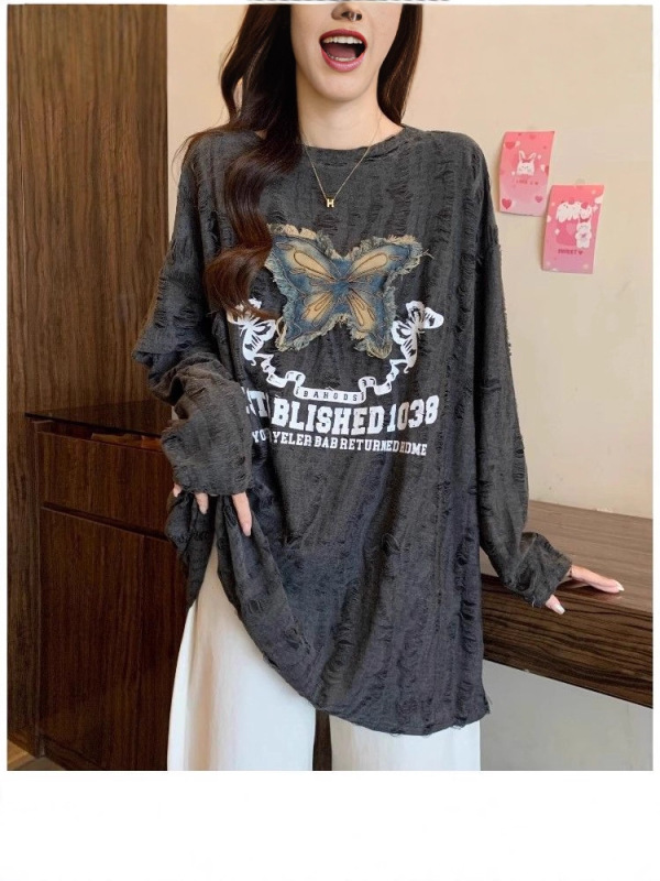 【自家工厂现货】蝴蝶长袖T恤女宽松慵懒废土风纯欲辣妹露肩上衣|undefined