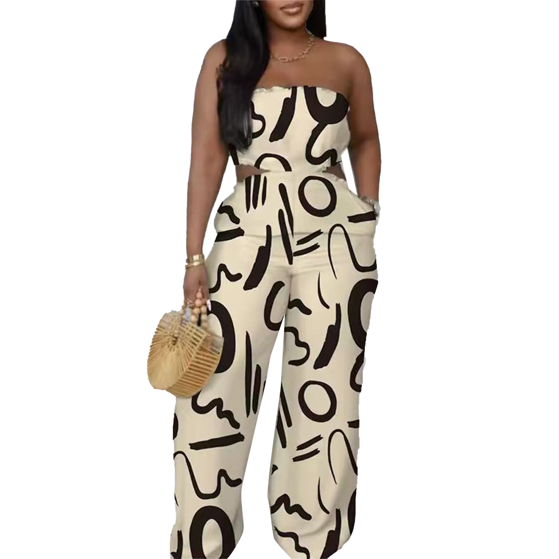 Elegant Strapless Printed Jumpsuit For Women Wide Leg Bottoms Casual Summer Polyester Thin Comfortable_ecoleips.com