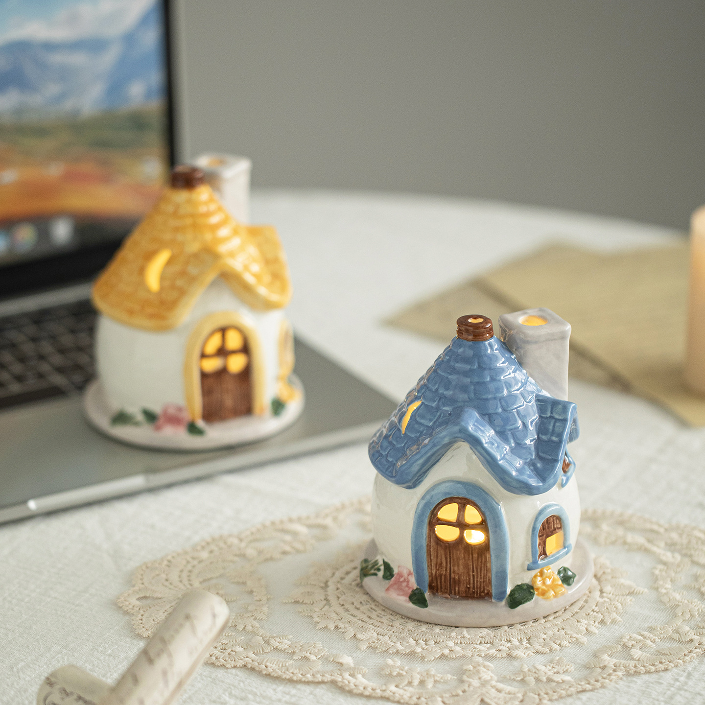 Casa de cerámica pastoral en la casa de viento lámpara de noche noche noche de la cama de la atmósfera de la chica amiga regalos de cumpleaños decoración adornos