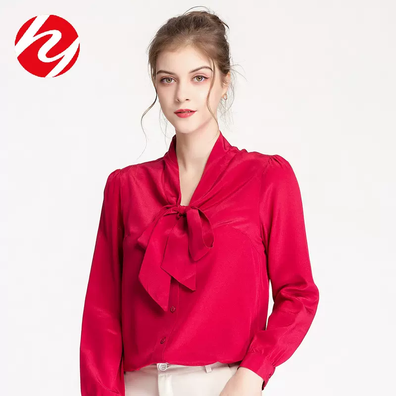 真丝衬衫女士长袖气质系带衬衣2024秋新款装蝴蝶结飘带桑蚕丝上衣