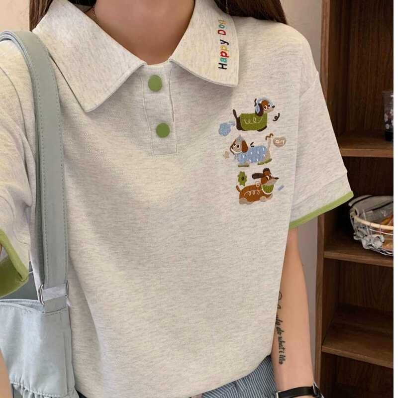 2026 New Style Puppy Embroidery Polo Collar Short-Sleeve T-Shirt for Women, Summer Design, Loose Fit, Slimming, Versatile Top