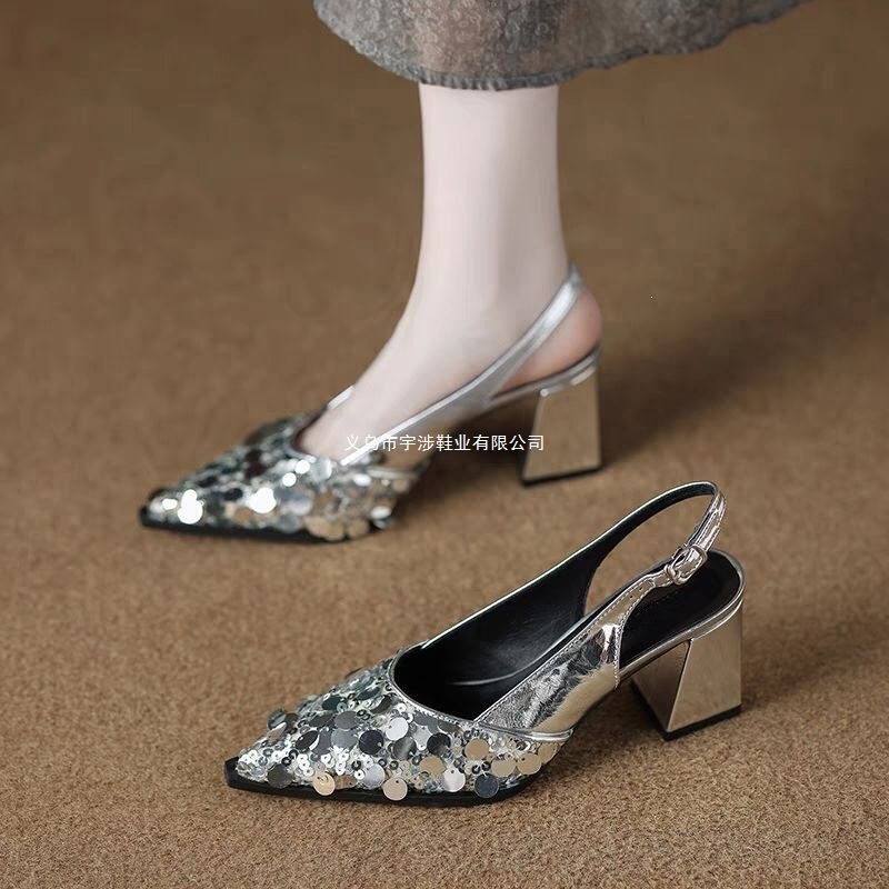 2026 Summer Women's Heeled Sandals to Pair with Skirts, Chunky Heel, Sequined Pointed Toe, Fashionable and Elegant High-Heeled Backless Shoes 2026 Summer Women's Heeled Sandals to Pair with Skirts, Chunky Heel, Sequined Pointed Toe, Fashionable and Elegant High-Heeled Backless Shoes