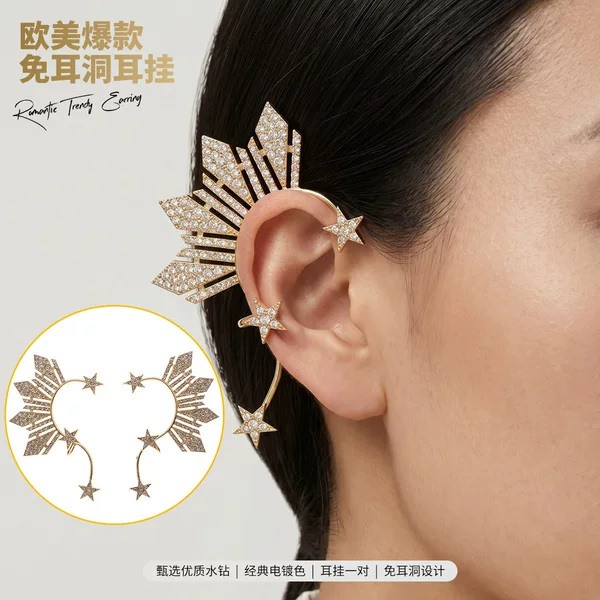 European and American Style Exaggerated Sunflower Ear Clips with Full Diamond Star Ear Clips, Non-Pierced Ear Bone Clips, Popular Party Earrings Wholesale