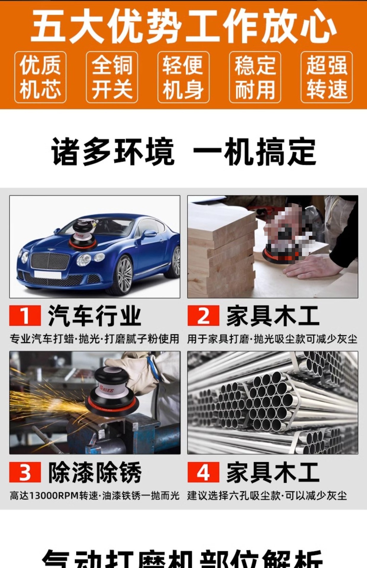 Taiwan Rima 5inch Pneumatic Grinder Small Air Grinder Pneumatic Polishing Waxing Dry Grinding Head Sandpaper Grinding Wholesale