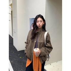 黄峥复古美拉德立领麂皮绒外套女秋冬韩版短款机车夹克上衣530938