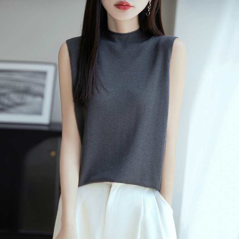 Linen + Lyocell Tencel Summer New Half Turtleneck Sleeveless Knitted Vest Women's Loose Top Stand Collar Sleeves