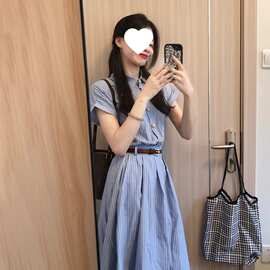 韩系学院风蓝色短袖衬衫连衣裙子2026新款女夏季气质高级收腰长裙