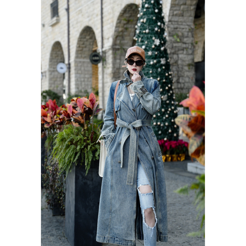 Denim Windbreaker Women's Spring And Autumn Feeling Socialite Temperament Fashion Long Coat Coat