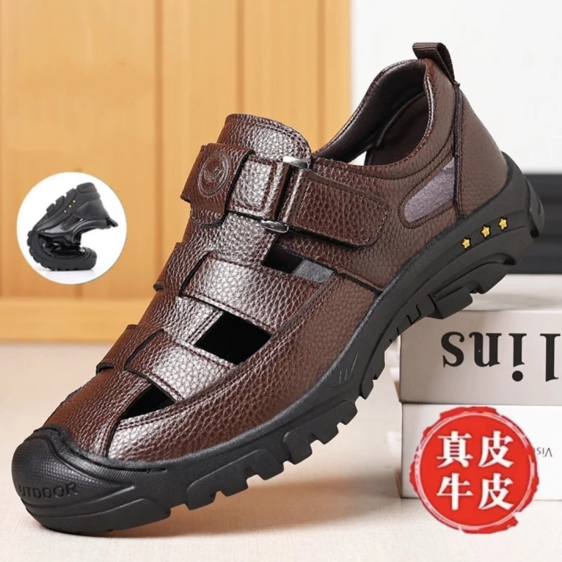 Sandals Men's 2025 Summer Men's Hollow-out Casual Leather Sandals Breathable Middle-aged and Elderly plus size Dad Leather Hole Shoes