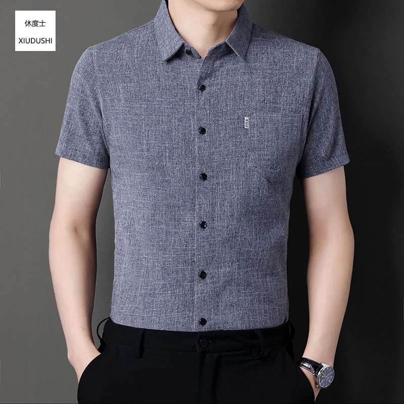 New summer style men's cotton and linen short-sleeved shirt, loose fit, breathable, with real pockets, solid color, thin, mid-aged men's short-sleeved shirt