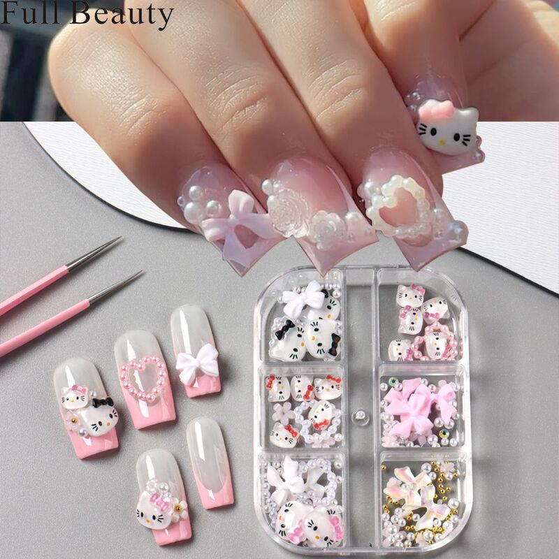 Cross-border new cartoon DIY hello kitty small flower bow pearl three-dimensional nail art jewelry