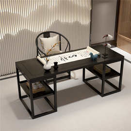 现代简约实木书桌现代新中式功夫茶桌长书法桌轻奢铁艺松木泡茶桌