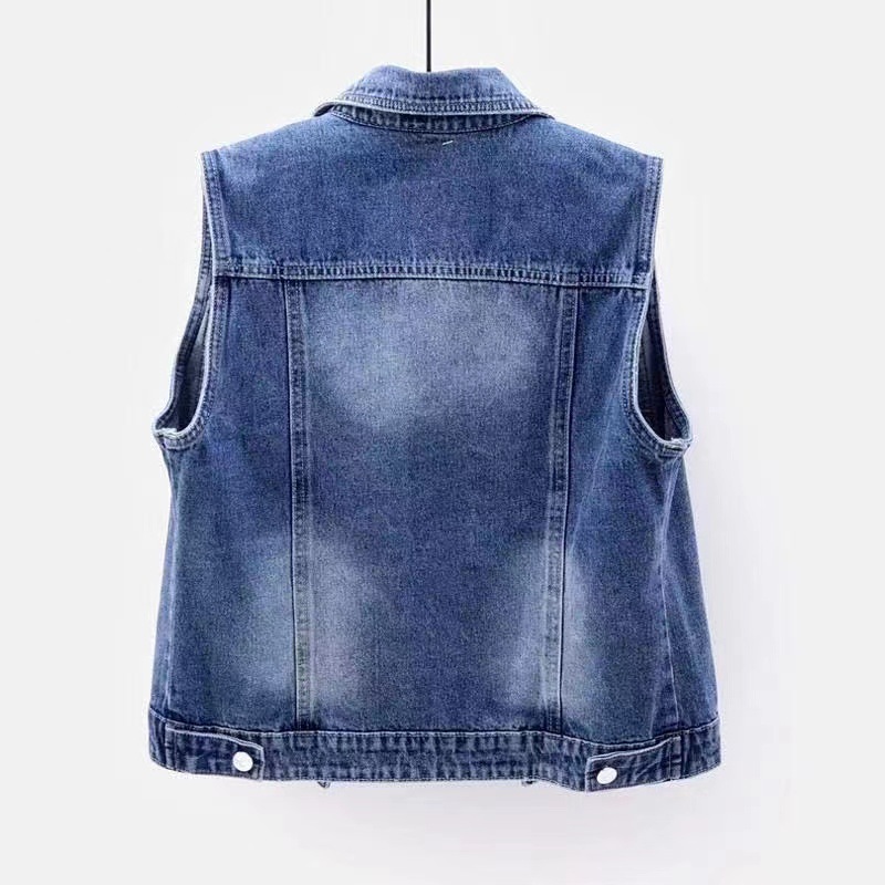 Ärmellose Damen-Jeansweste, kurz, gewaschen, mit Löchern und Perlen, schmal geschnitten, trendiges und vielseitiges Oberteil für Frühling/Herbst_voghion.com