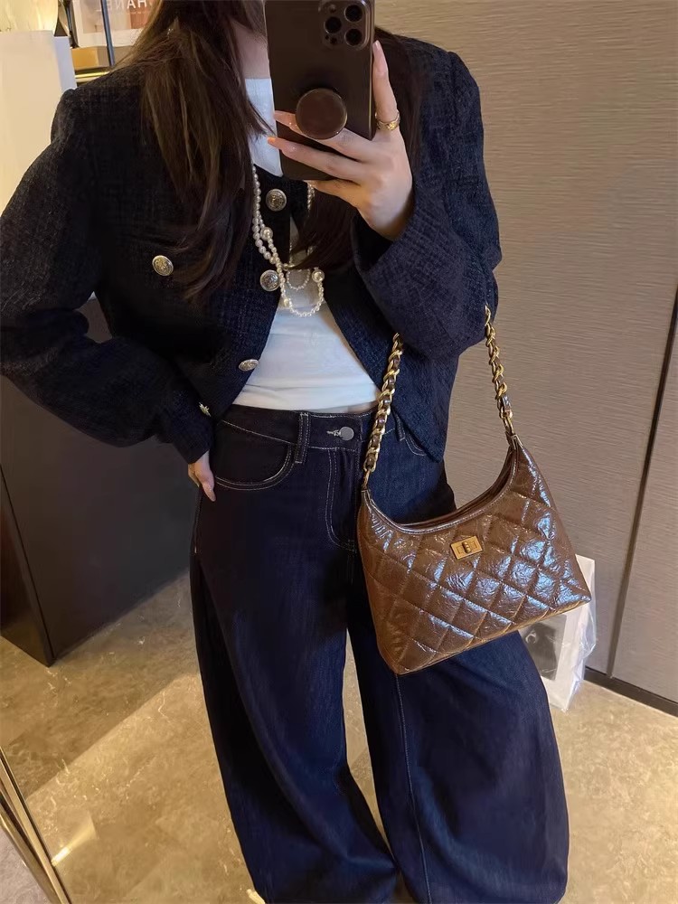 Túi tote nữ da thật kiểu tweed đeo chéo dây xích chần bông — Màu đen, Đỏ Ancora, Cà phê Mocha, Màu nâu chi tiết 10