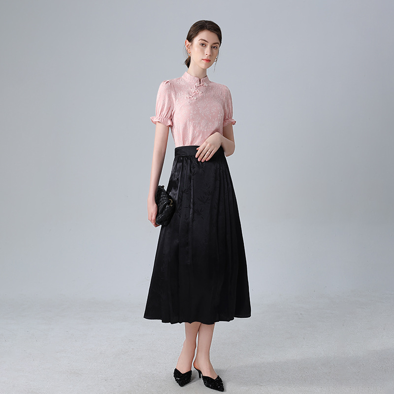 Guofeng trajes de mujeres 2024 nuevo verano de manga corta vintage blusa de botón de moda camisa de aire extranjero falda de dos piezas