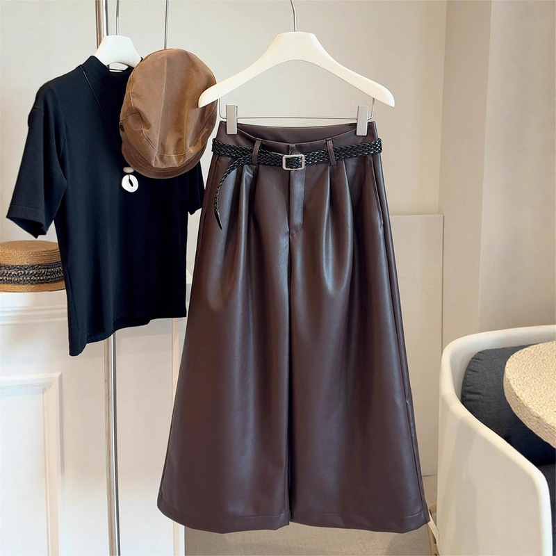 Maillard Style Pu Leather Eight-Point Casual Pants 2025 Autum New Korean Style Loose Wide-Leg Pants Women's A7560