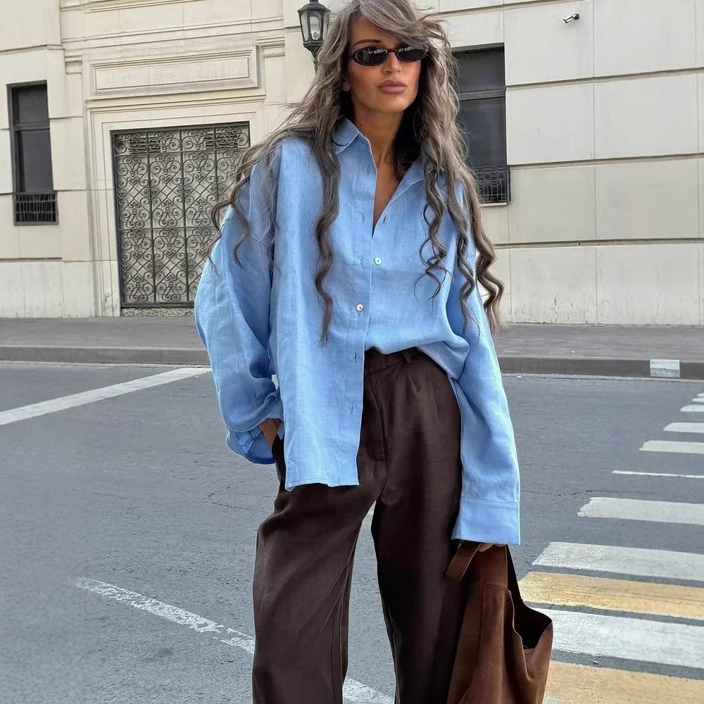 2025 cross-border European and American independent station spring new ladies lapel fashion solid color button long sleeve casual shirt women