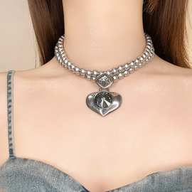 双层时尚银色珠珠爱心镶锆吊坠锁骨链小众设计感甜酷轻奢锁骨链