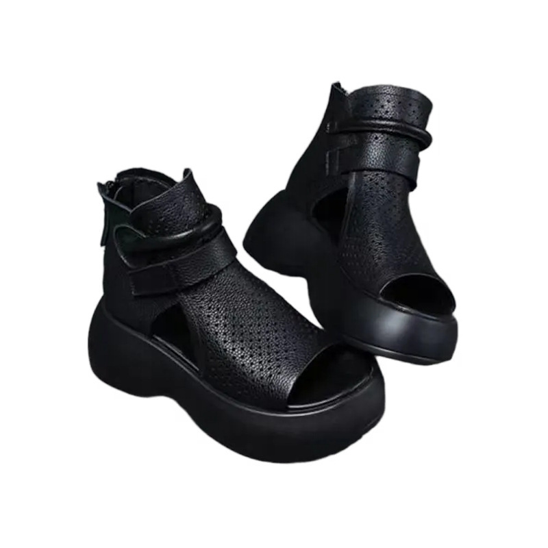 Verano nuevo hueco tacones agujeros zapatos gruesos antideslizantes velcro retro cuero cómodo muffins sandalias romanas